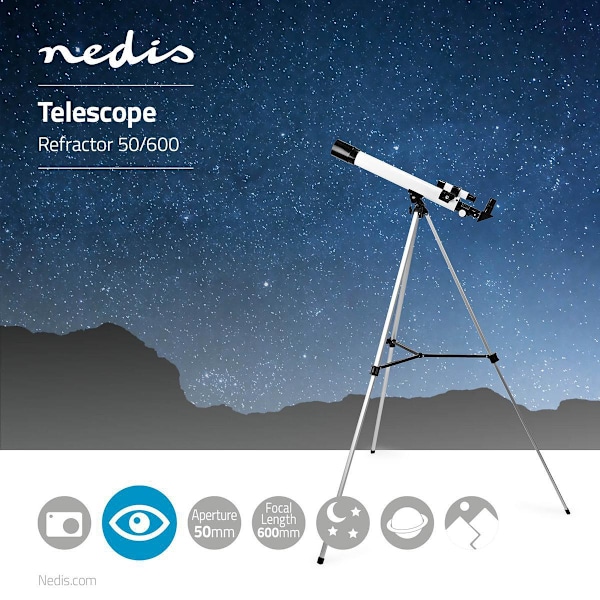 Nedis Teleskop | Blænde: 50 mm | Brændvidde: 600 mm | Finderscope: 5 x 24 | Maksimal arbejdshøjde: 125 cm | Tripod | Hvid / Sort