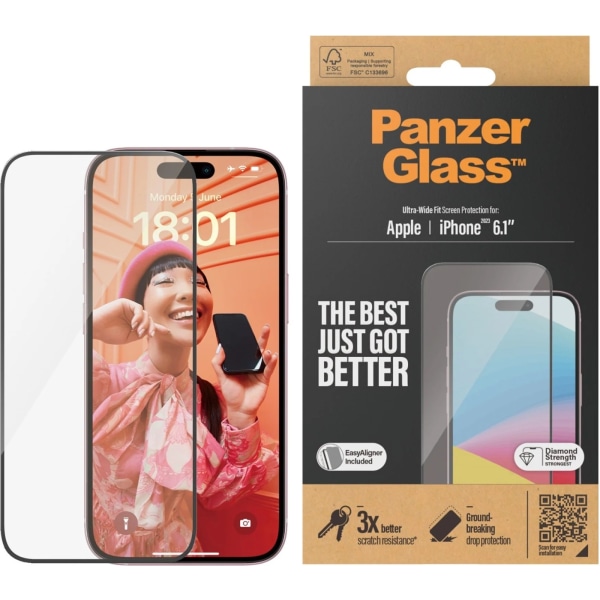 PanzerGlass Ultra-wide Fit with Aligner -skyddsglas, iPhone 15 Transparent