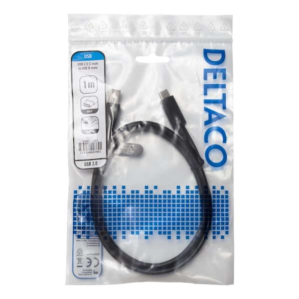 DELTACO USB 2.0 kaapeli, Typ C - Type B , 1m, musta