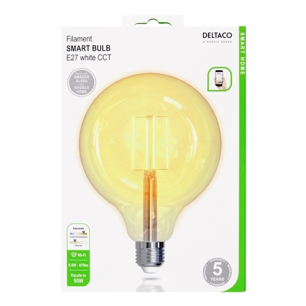 DELTACO SMART HOME LED glødepære, E27, Wi-Fi 2,4 GHz, 5,5 W, 470 lm