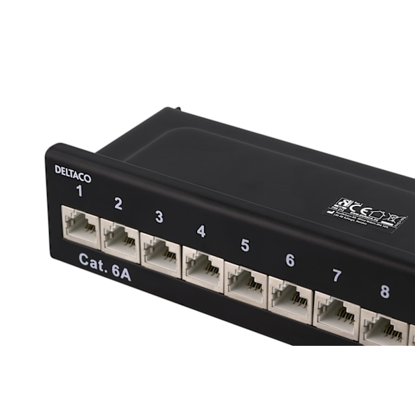 DELTACO kytkentäpaneeli, 12xRJ45, Cat6a, seinäasennus, 10Gbps, musta