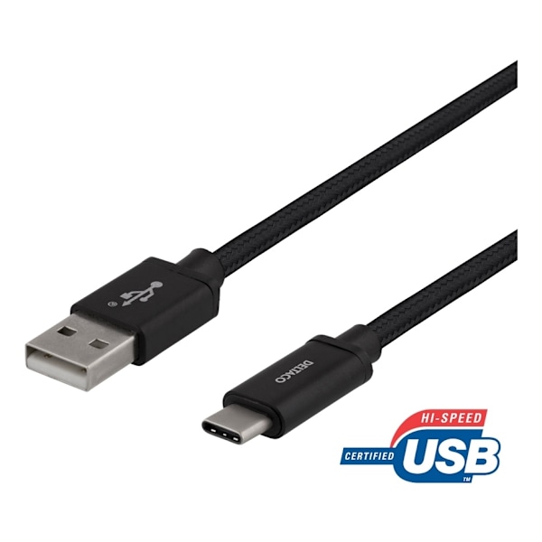 DELTACO USB-A - USB-C-kaapeli, 2m, USB 2.0, punottu, musta