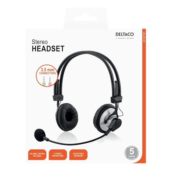 DELTACO headset, mikrofoni ja äänensäätö, kaapelin pituus 2m