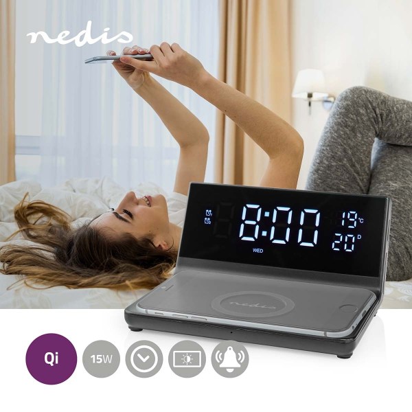 Nedis Vækkeur med Trådlås Ladning | Qi certificeret | 5 / 7.5 / 10 / 15 W | USB-A Han | 2 Alarmtider | Snooze funktion