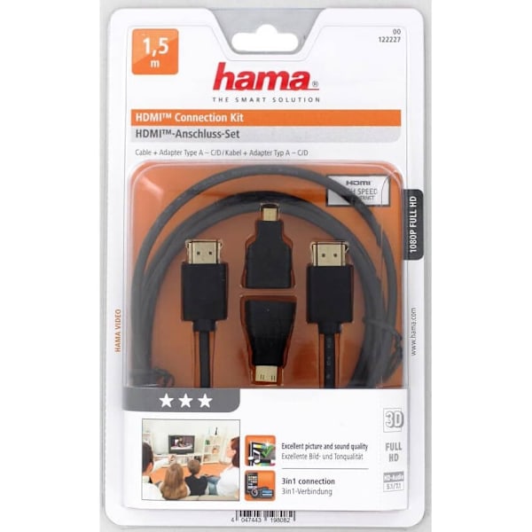 Hama HDMI Ethernet -sovitin 1xHDMI-1xMicro 1xMini Kulta 1,5m