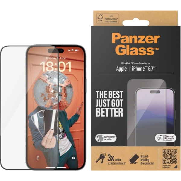 PanzerGlass Ultra-Wide Fit Aligner-näytönsuojalla, iPhone 15 Pl Transparent