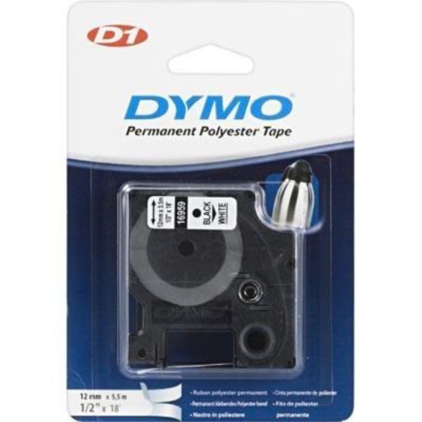 DYMO D1, markeringstape i nylon, 12 mm, sort tekst på hvid tape,