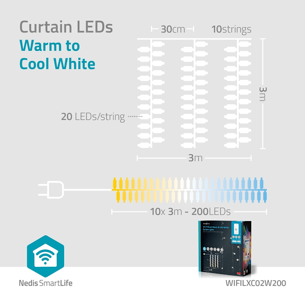 Nedis SmartLife jluelys | Gardin | Wi-Fi | Varm til kølig hvid | 200 LED's | 3 m | Androidâ„¢ / IOS