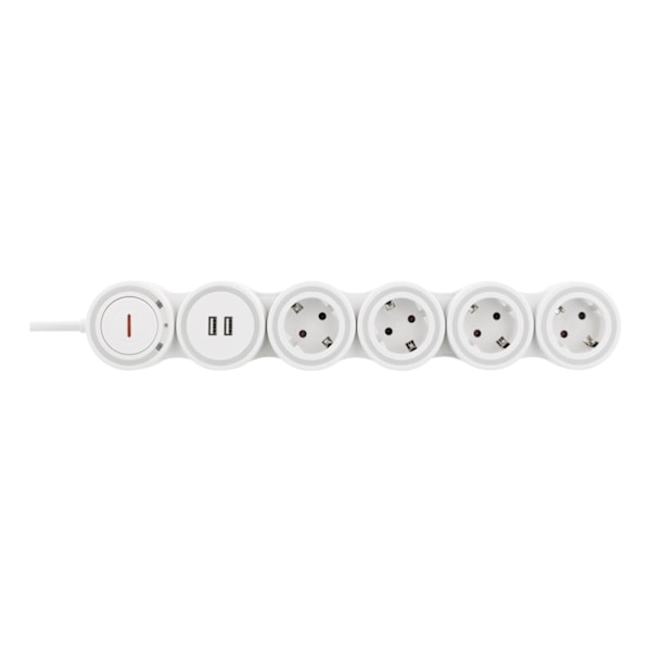 DELTACO Flexibelt grenuttag med 4 kontakter, 1,4m, 16A 3500W, 2x USB-A