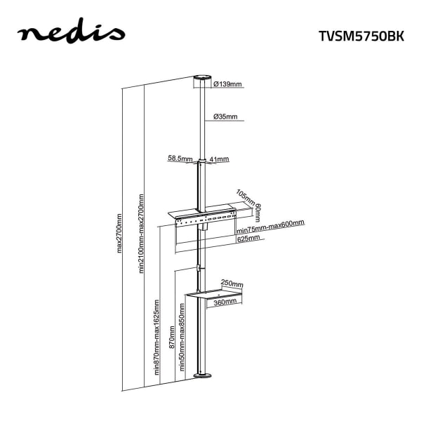 Nedis Fullt rörligt TV Stativ | 37 - 70 " | Maximal skärmvikt som stöds: 30 kg | Går att tilta | Roterbar | Justerbar förinställda höjder | Aluminium