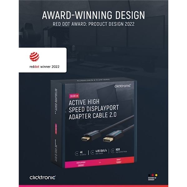 ClickTronic Adapterkabel för aktiv DisplayPort™ till HDMI™ (4K/60Hz) Premiumkabel | 1x DisplayPort™-kontakt >> 1x HDMI™-kontakt | 10,0 m | 4K @ 60 Hz