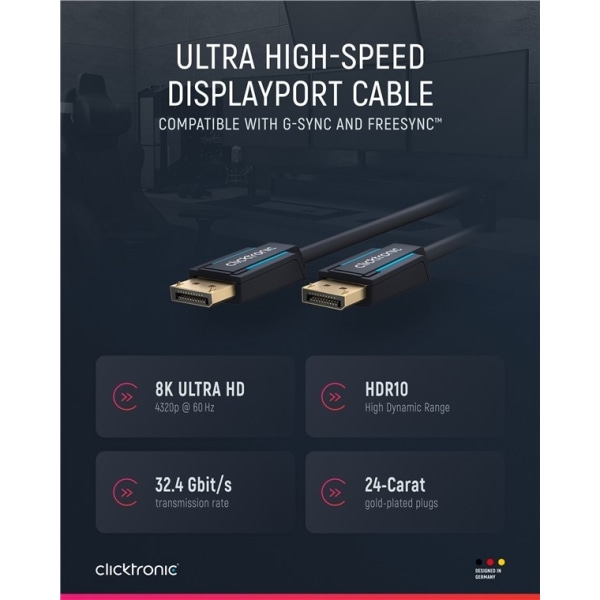 ClickTronic DisplayPortâ„¢-kabel Premium-kabel | 1x DisplayPortâ„¢-stik  1x DisplayPortâ„¢-stik | 1,0 m | UHD 8K @ 60 Hz