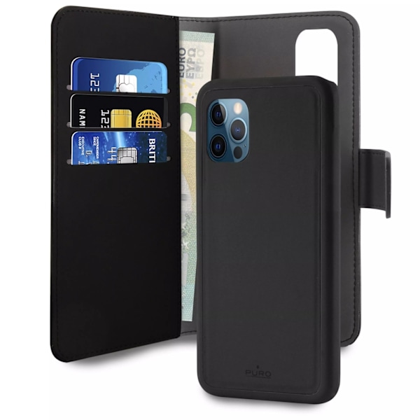 Puro iPhone 12 Pro Max, EcoLeather Wallet Detach, sort Svart