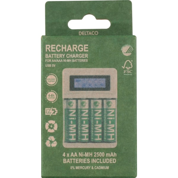 DELTACO Ultimate Ni-Mh USB laddare med 4 x AA batterier