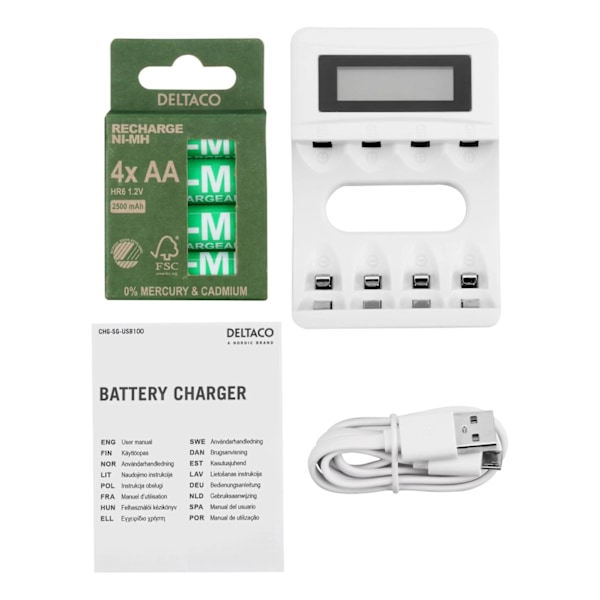 DELTACO Ultimate Ni-Mh USB charger with 4 x AA batteries