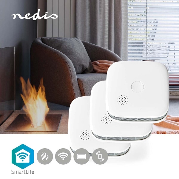 Nedis SmartLife Rökdetektor | Wi-Fi | Batteridriven | Givarlivscykel: 10 år | EN 14604 | Max. batteritid: 24 Månader | 85 dB | Vit | 3 st