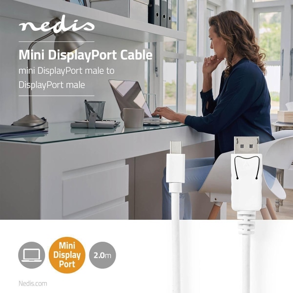 Nedis Mini DisplayPort kaapeli | DisplayPort 1.4 | Mini DisplayPort Uros | DisplayPort uros | 48 Gbps | Niklattu | 2.00 m | Pyöreä | PVC | Valkoinen |