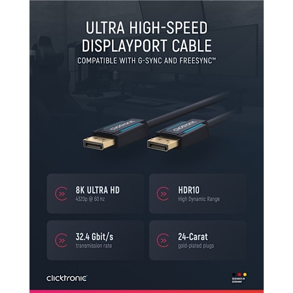 ClickTronic DisplayPort™-kabel Premiumkabel | 1x DisplayPort™-kontakt  1x DisplayPort™-kontakt | 3,0 m | UHD 8K @ 60 Hz