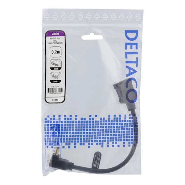 DELTACO Flexibel HDMI-adapter, 0,2 m, vinklad ner, HDMI M/F, UHD, svar