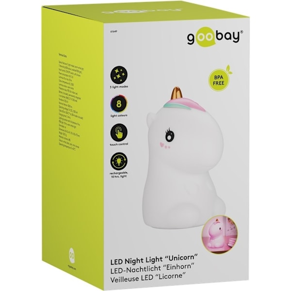 Goobay LED-vågelampe "Enhjørning" varmt hvidt lys og 7 skiftende farver (RGB-lys), med 3 lystilstande, berøringssensor og Li-ion-batteri (3,7 V/1200 m