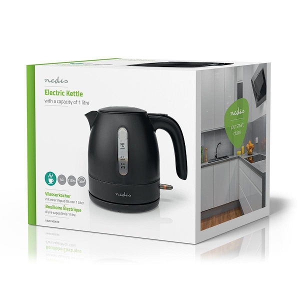 Nedis Elkedel | 1.0 l | Plast | Sort | Drejelig 360 grader | Skjult varmeelement | Strix®-controller | Beskyttelse mod kogetørring