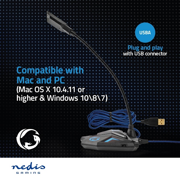 Nedis Streaming og Gaming Mikrofon | Brugt til: Desktop / Notebook | USB | Tilslutninger udgang: 1x 3.5 mm Audio Out | Indbygget on/off-knap (tænd/slu