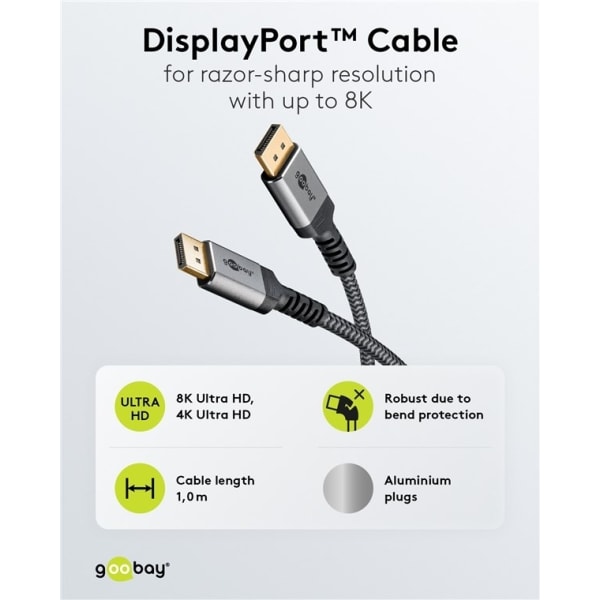 Goobay DisplayPort-kaapeli, DP 1,4, 1 m, Sharkskin Grey Displaypor