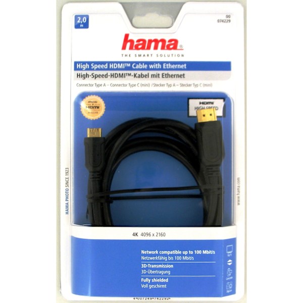 HAMA HDMI-HDMI C High Speed Kabel 2,0m Sort Guldbelagt TL