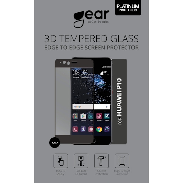 GEAR Karkaistu lasi 3D Full Cover Musta Huawei P10 Transparent