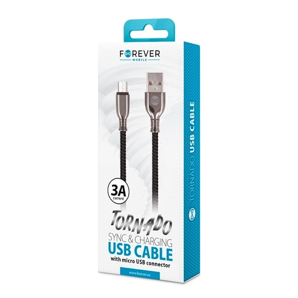 Forever Tornado - microUSB-kabel för Snabbladdning (3A), 1m, Svart