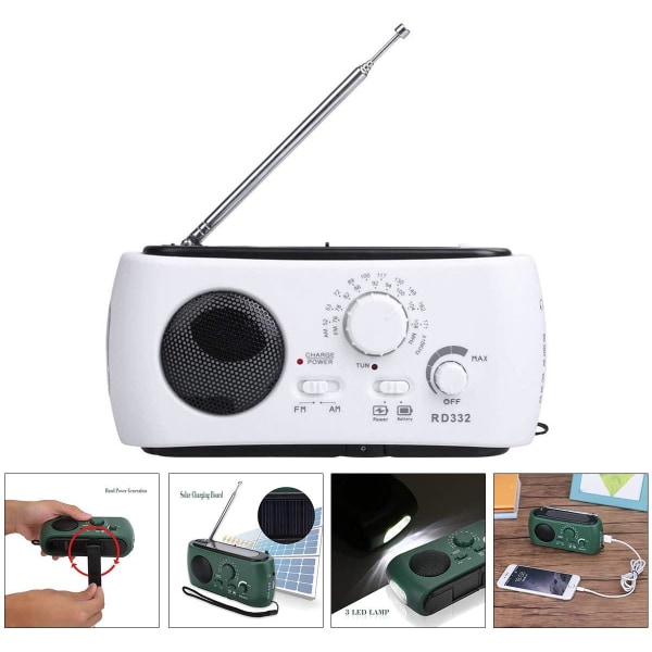 Vevradio / Nödradio med LED-lampa - FM-radio, USB, Solcell, Dyna