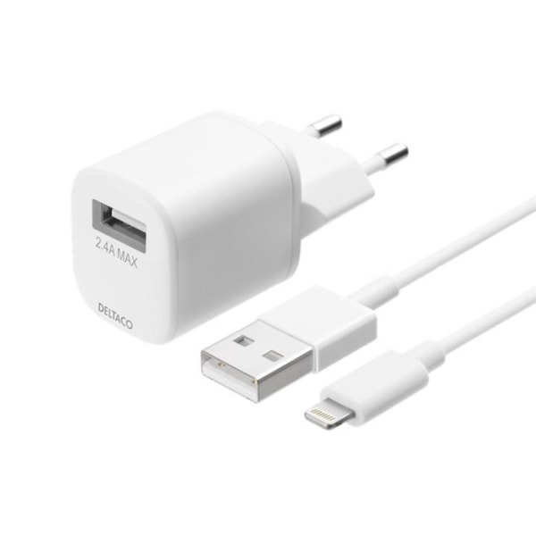 DELTACO USB wall charger, USB-A, 2,4 A, incl. 1 m USB-A to Light
