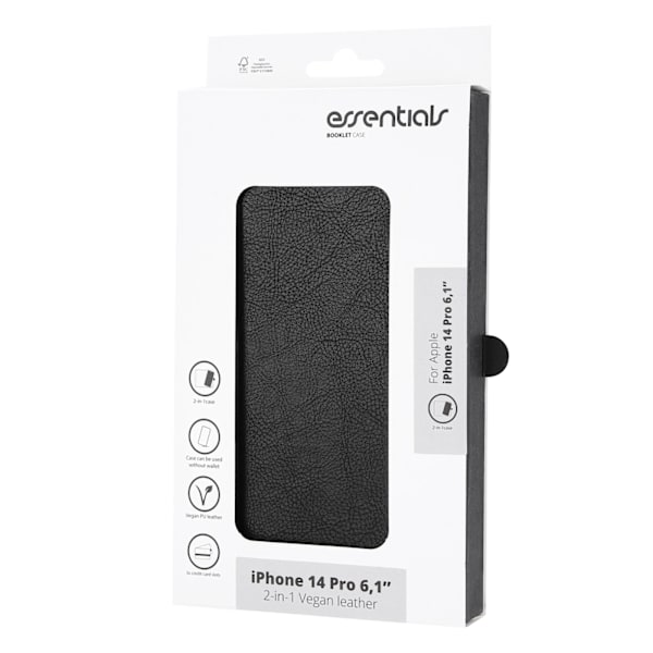Essentials iPhone 14 Pro PU wallet, detach, 3 card,Black Svart