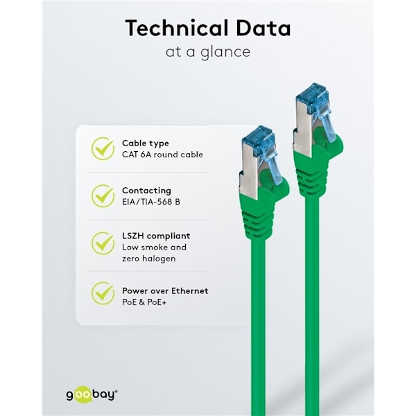 Goobay Patchkabel CAT 6A, S/FTP (PiMF), grön, 1 m opparledare (CU), halogenfri kabelhölje (LSZH)