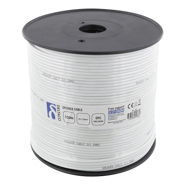 DELTACO speaker cable, 2x1.5mm2, open ends,  pure copper, 100m, white