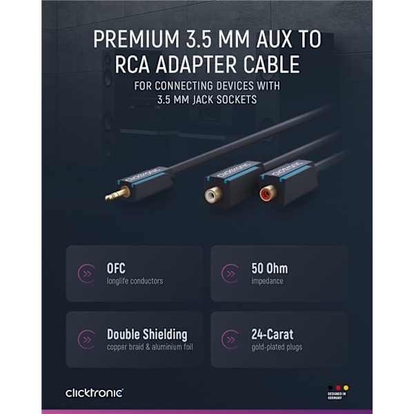 ClickTronic 3,5 mm AUX till RCA-adapterkabel, stereo Premiumkabel | 2x cinchjack  1x 3,5 mm jackplugg | 0,1 m | OFC innerledare