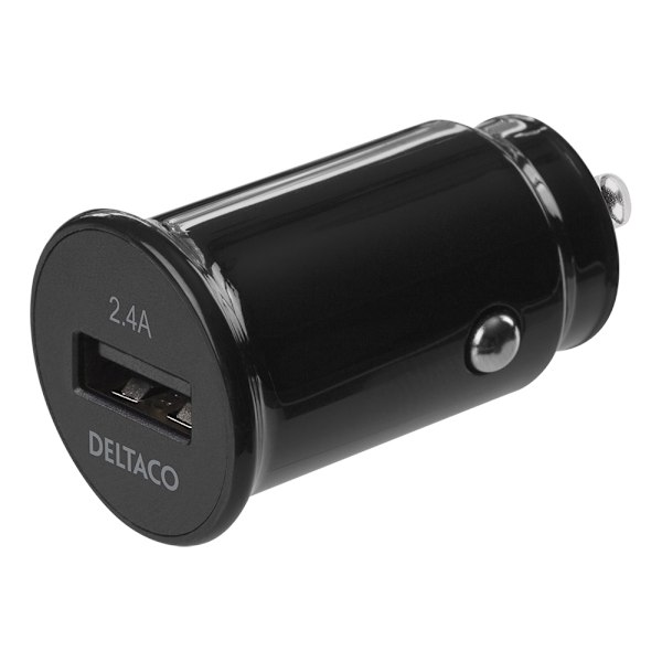DELTACO kompakti USB-autolaturi, 12V/24V, 1x USB-A, 2,4A, 12W, musta