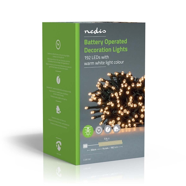 Nedis Julbelysning | Sträng | 192 LED's | Varm Vit | 14.40 m | Ljuseffekter: 7 | Inomhus eller Utomhus | Batteridriven