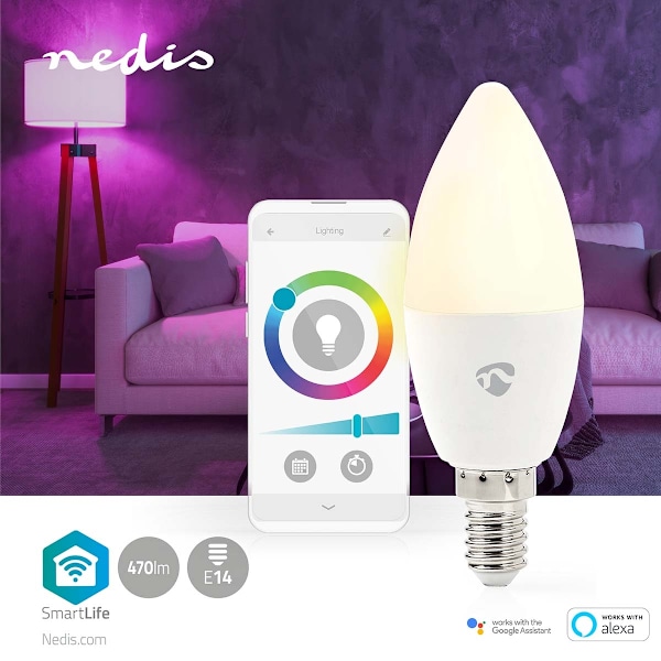 Nedis SmartLife Fuld Farve Pære | Wi-Fi | E14 | 470 lm | 4.9 W | RGB / Varm til kølig hvid | 2700 - 6500 K | Android™ / IOS | Stearinlys | 1 stk