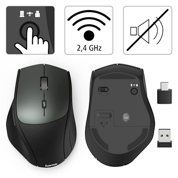 Hama Mus Trådløs Dual Mode USB-C/USB-A 6-knaps Sort