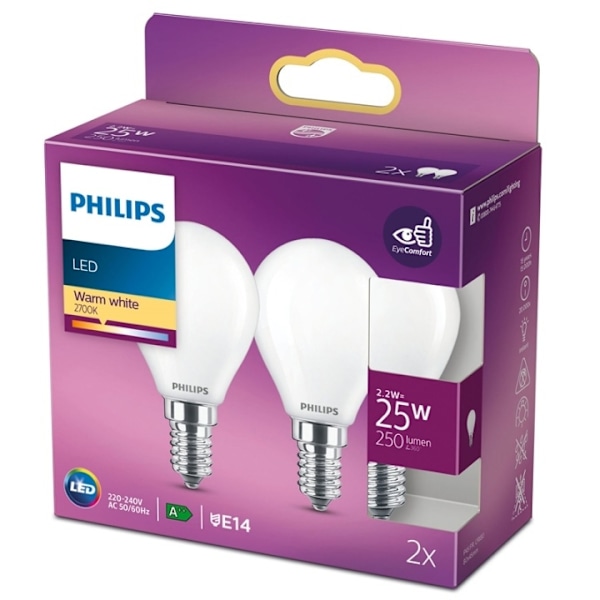 Philips 2-pack LED E14 Klot 25W Frost