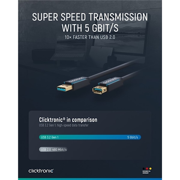 ClickTronic Förlängningskabel USB-A Premiumkabel | USB A hane  USB A hona | 3,0 m | 5 Gbit/s