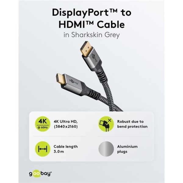 Goobay DisplayPort™-HDMI™-kaapeli, 3 m, Sharkskin Grey Displa