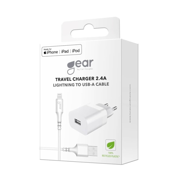 GEAR Laddare 220V 1xUSB 2,4A Vit Lightning Kabel 1m MFI C89