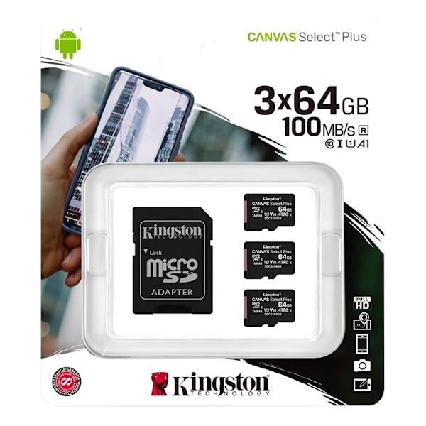 Kingston 64GB micSDXC Canvas Select Plus 100R A1 C10 3-pack + 1 ADP