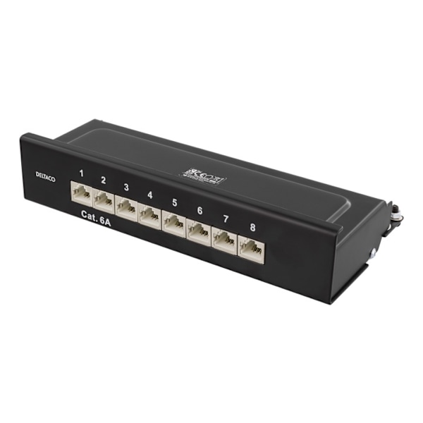DELTACO kytkentäpaneeli, 8xRJ45, Cat6a, seinäasennus, 10Gbps, musta