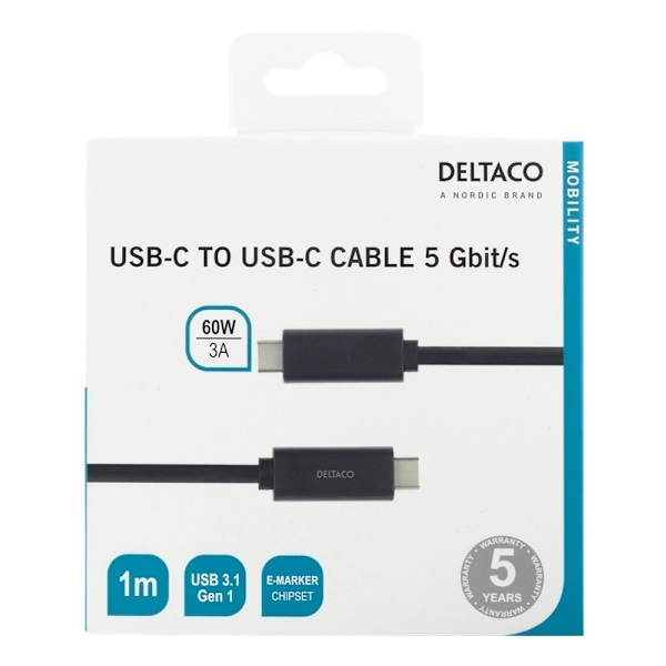 DELTACO USB-C till USB-C-kabel, 1m, 60W 3A, USB 3.1 Gen 1, E-Marker, s