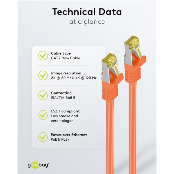 Goobay RJ45 netværkskabel S/FTP (PiMF), 500 MHz, med CAT 7 råkabel, orange, 25 m LSZH halogenfri kabelkappe, kobber, RJ45-hanstik (CAT 6A)