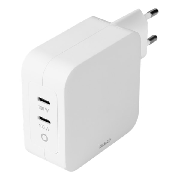 DELTACO USB-C wall charger, GaN technology, 2x USB-C PD, total 100 W Vit