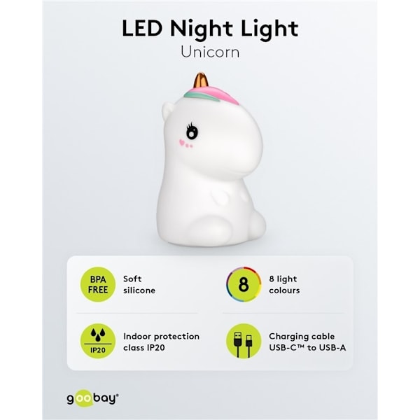 Goobay LED-vågelampe "Enhjørning" varmt hvidt lys og 7 skiftende farver (RGB-lys), med 3 lystilstande, berøringssensor og Li-ion-batteri (3,7 V/1200 m
